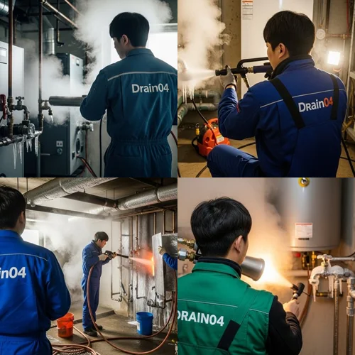 동구 언 수도 녹임 얼었을때 해빙 꽁꽁 언 하수구 시원하게